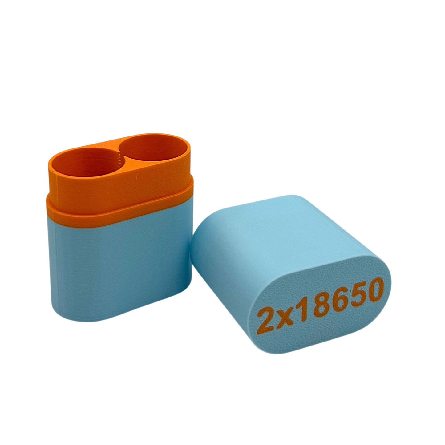 Individuelle 3D-Druck Akkubox für 2x 18650 Akkus hellblau/orange