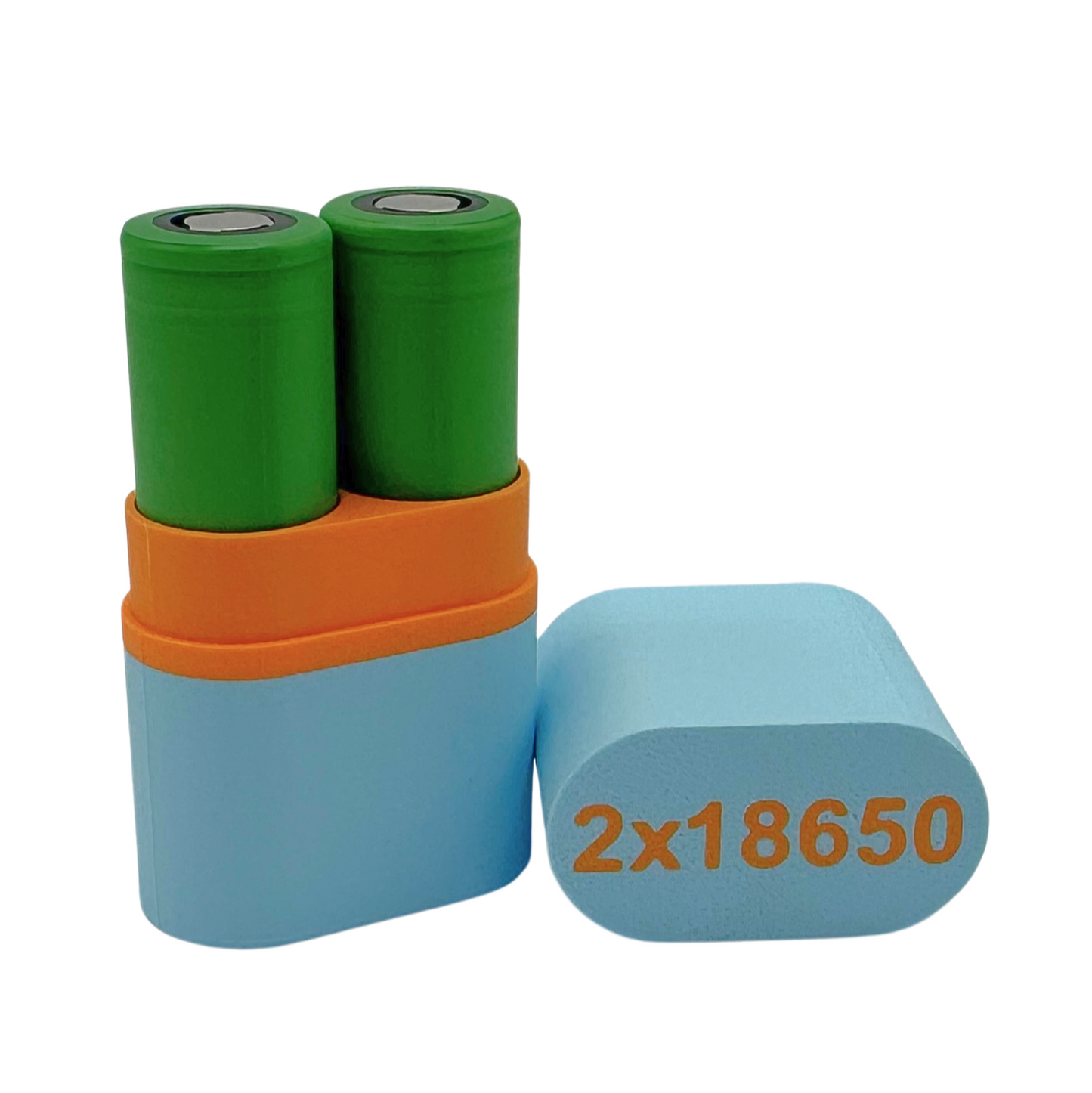 Individuelle 3D-Druck Akkubox für 2x 18650 Akkus hellblau/orange